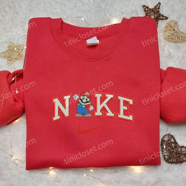 Nike x Mario Embroidered Sweatshirt, Games Inspired Embroidered Hoodie, Custom Nike Embroidered T-shirt