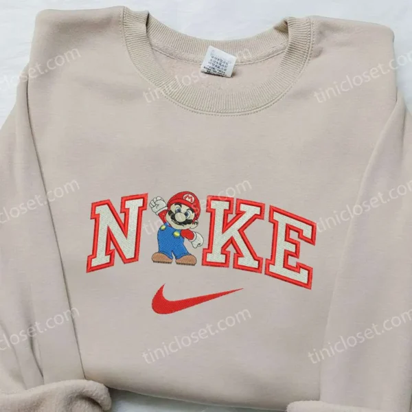 Nike x Mario Embroidered Sweatshirt, Games Inspired Embroidered Hoodie, Custom Nike Embroidered T-shirt