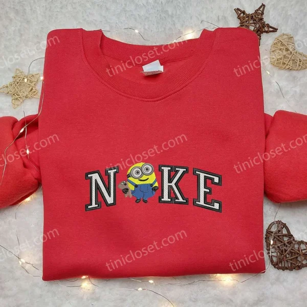 Nike x Minion Bob with Teddy Bear Embroidered Hoodie, Nike Inspired Embroidered Sweatshirt, Cartoon Inspired Embroidered T-shirt
