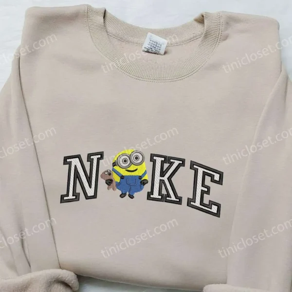 Nike x Minion Bob with Teddy Bear Embroidered Hoodie, Nike Inspired Embroidered Sweatshirt, Cartoon Inspired Embroidered T-shirt