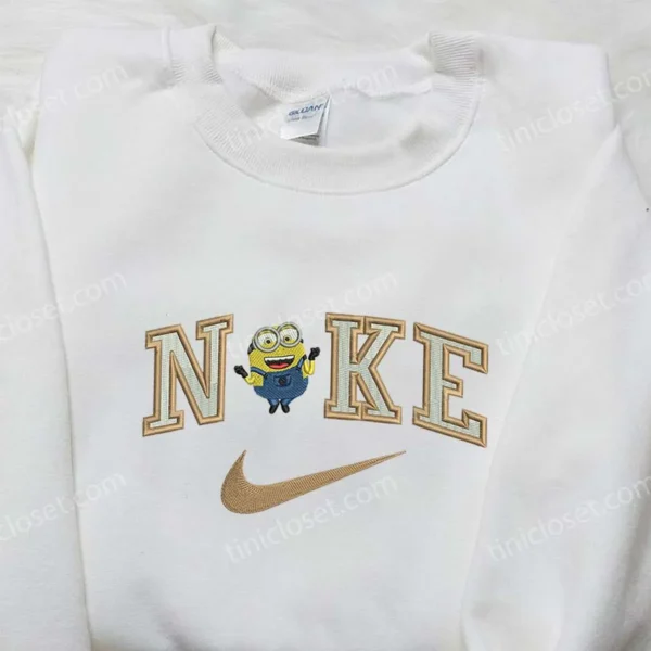 Nike x Minion Embroidered T-shirt, Nike Inspired Embroidered Sweatshirt, Cartoon Embroidered Hoodie