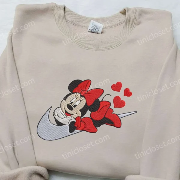 Nike x Minnie Mouse Love Hearts Embroidered Sweatshirt, Walt Disney Embroidered Hoodie, Nike Inspired Embroidered T-shirt