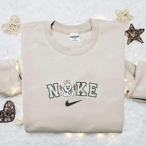 Nike x Nurse Ghost Embroidered Shirt, Cute Halloween Embroidered Shirt, Best Gifts for Halloween Lovers