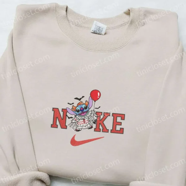 Nike x Pennywise Stitch Balloon Embroidered Shirt, Funny Halloween Embroidered Hoodie, Best Gifts for Halloween Lovers