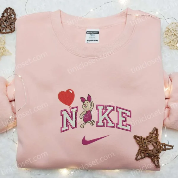 Nike x Piglet Balloon Cartoon Embroidered Shirt, Disney Characters Embroidered Shirt, Nike Inspired Embroidered T-shirt