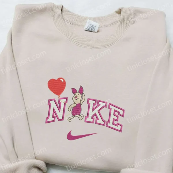 Nike x Piglet Balloon Cartoon Embroidered Shirt, Disney Characters Embroidered Shirt, Nike Inspired Embroidered T-shirt