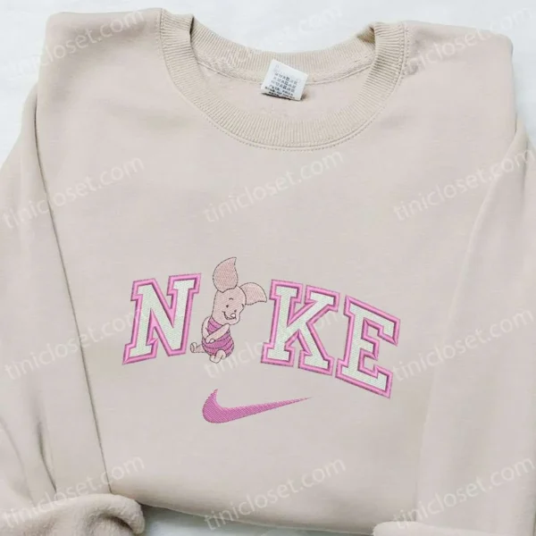 Nike x Piglet Cartoon Embroidered Shirt, Disney Characters Embroidered Shirt, Nike Inspired Embroidered T-shirt