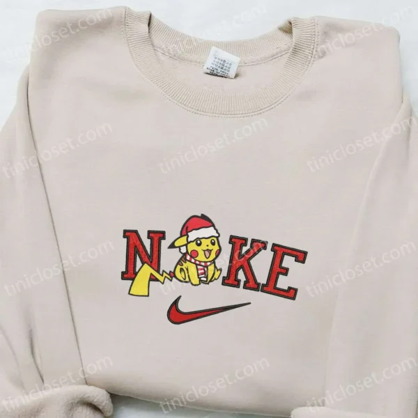 Nike x Pikachu with Santa Hat Embroidered Shirt, Nike Anime Embroidered Sweatshirt, Pokemon Embroidered Hoodie