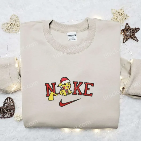 Nike x Pikachu with Santa Hat Embroidered Shirt, Nike Anime Embroidered Sweatshirt, Pokemon Embroidered Hoodie