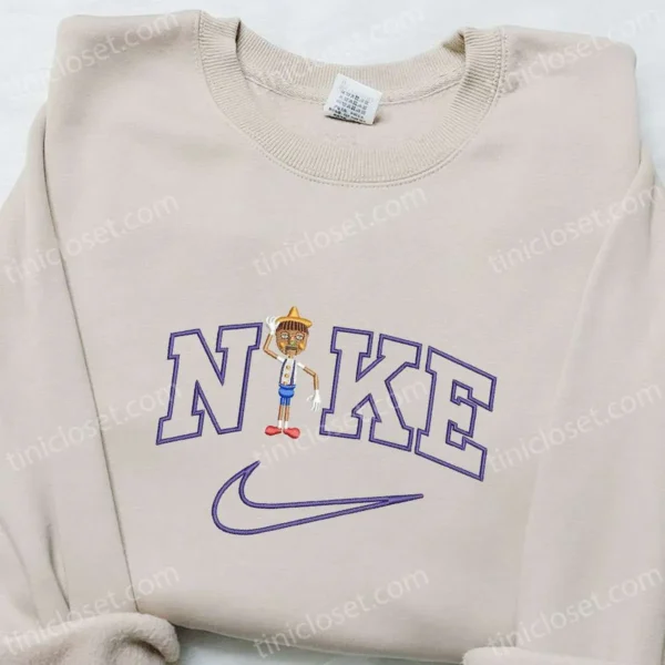 Nike x Pinocchio Cartoon Embroidered Shirt, Disney Characters Embroidered Shirt, Nike Inspired Embroidered T-shirt