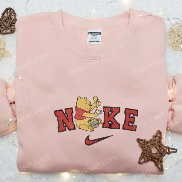 Nike x Pooh Honey Embroidered Hoodie, Disney Characters Embroidered Sweatshirt, Nike Inspired Embroidered Shirt