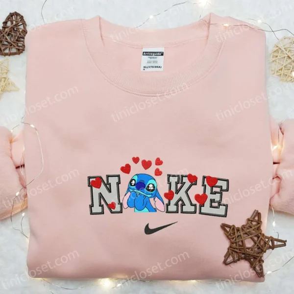 Nike x Stitch Love Cartoon Embroidered Shirt, Nike Inspired Embroidered T-shirt, Best Gift Ideas for Family