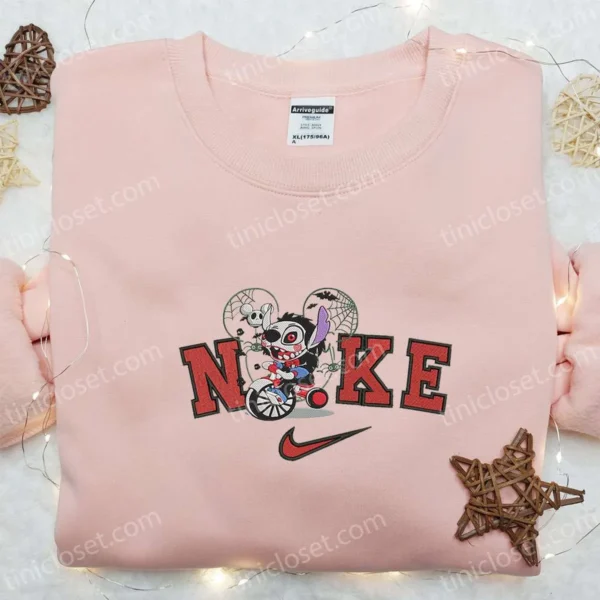 Nike x Stitch Saw Jigsaw Biker Embroidered Shirt, Custom Nike Embroidered Shirt, Funny Halloween Embroidered Shirt