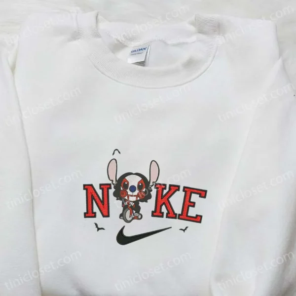 Nike x Stitch Saw Jigsaw Embroidered Shirt, Custom Nike Embroidered Shirt, Funny Halloween Embroidered Shirt