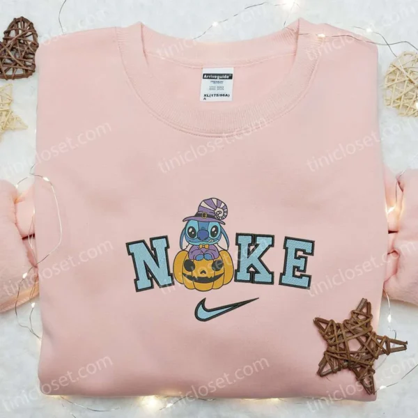 Nike x Stitch Witch Pumpkin Embroidered Sweatshirt, Cute Halloween Embroidered Shirt, Nike Inspired Embroidered Hoodie
