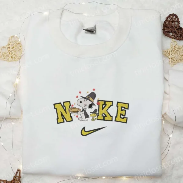 Nike x Thanksgiving Snoopy Embroidered Shirt, Cute Thanksgiving Embroidered Hoodie, Custom Nike Embroidered T-shirt