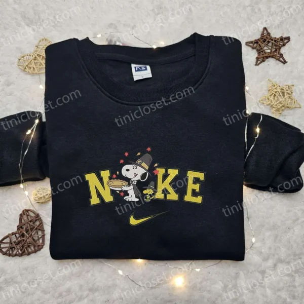 Nike x Thanksgiving Snoopy Embroidered Shirt, Cute Thanksgiving Embroidered Hoodie, Custom Nike Embroidered T-shirt