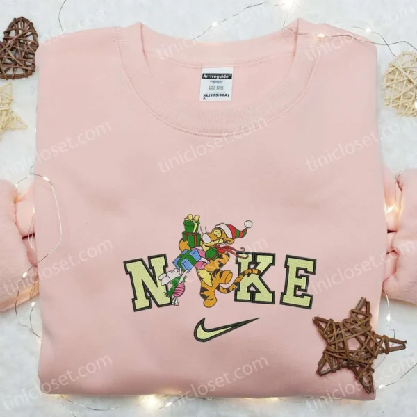 Nike x Tigger Piglet Santa Gifts Embroidered Sweatshirt, Winnie The Pooh Characters Embroidered Shirt, Nike Inspired Embroidered Hoodie
