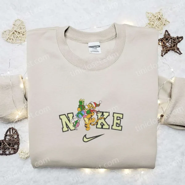 Nike x Tigger Piglet Santa Gifts Embroidered Sweatshirt, Winnie The Pooh Characters Embroidered Shirt, Nike Inspired Embroidered Hoodie