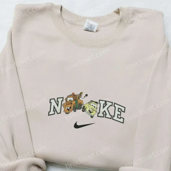 Nike x Tow Mater and Luigi Cars Embroidered Shirt, Pixar Cars Disney Cartoon Embroidered Sweatshirt, Nike Inspired Embroidered Hoodie