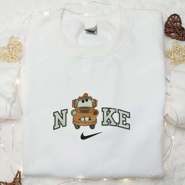 Nike x Tow Mater Cars Embroidered Shirt, Pixar Cars Disney Cartoon Embroidered Sweatshirt, Nike Inspired Embroidered Hoodie