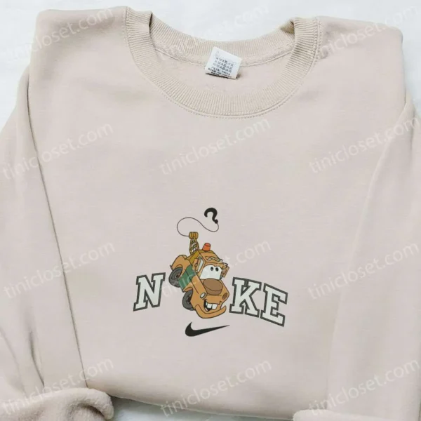 Nike x Tow Mater Embroidered Hoodie, Pixar Cars Disney Cartoon Embroidered T-shirt, Nike Inspired Embroidered Sweatshirt
