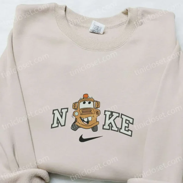 Nike x Tow Mater Embroidered Shirt, Pixar Cars Disney Cartoon Embroidered Sweatshirt, Nike Inspired Embroidered Hoodie