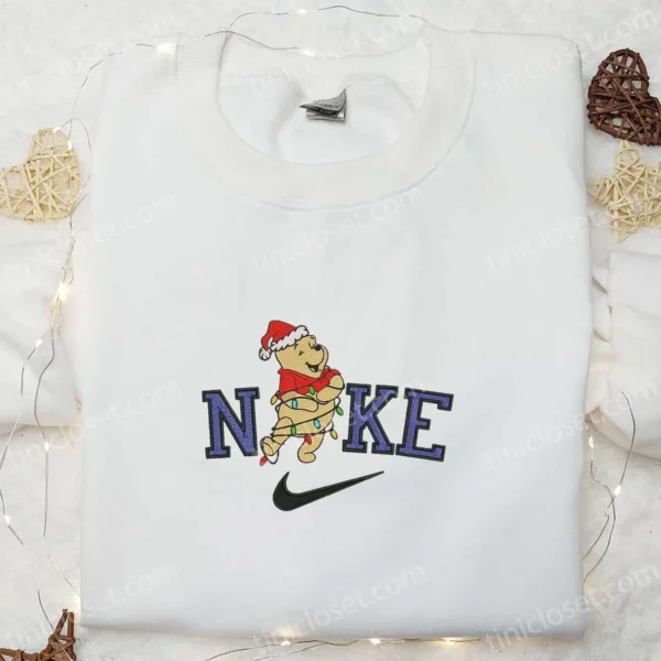 Nike x Winnie the Pooh Christmas Light Embroidered Shirt, Disney Embroidered Hoodie, Family Christmas Sweatshirts