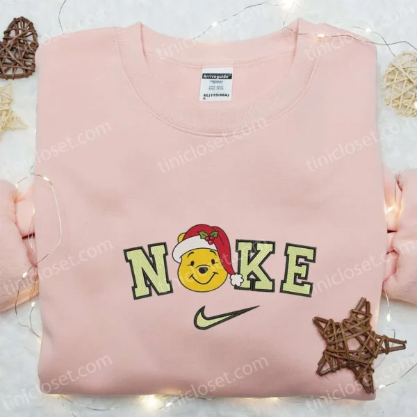 Nike x Winnie the Pooh Santa Hat Embroidered Shirt, Disney Embroidered Hoodie, Family Christmas Sweatshirts