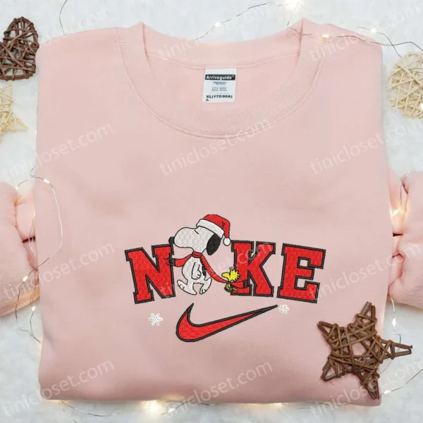 Nike x Xmas Snoopy Cartoon Embroidered Shirt, Best Christmas Gift Ideas Embroidered Hoodie, Custom Nike Embroidered T-shirt