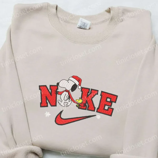 Nike x Xmas Snoopy Cartoon Embroidered Shirt, Best Christmas Gift Ideas Embroidered Hoodie, Custom Nike Embroidered T-shirt