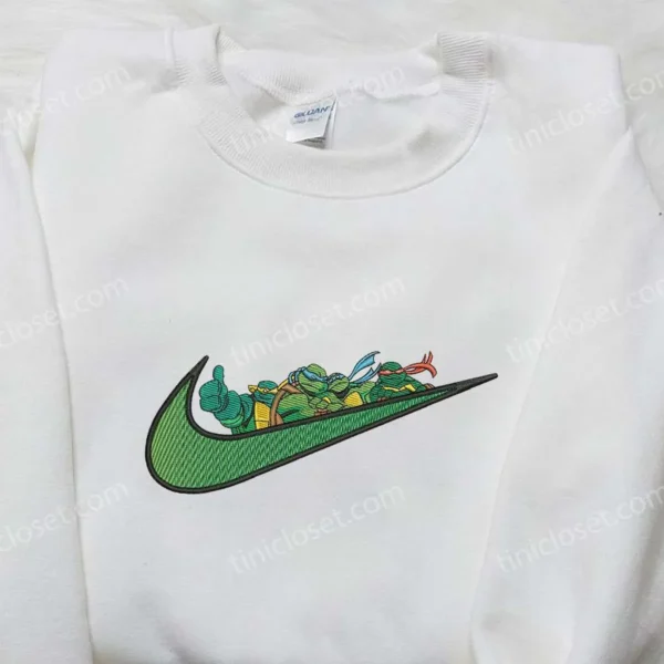 Ninja Turtles x Nike Swoosh Embroidered Hoodie, Teenage Mutant Ninja Turtles Embroidered Shirt, Nike Inspired Embroidered Shirt