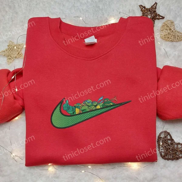 Ninja Turtles x Nike Swoosh Embroidered Hoodie, Teenage Mutant Ninja Turtles Embroidered Shirt, Nike Inspired Embroidered Shirt