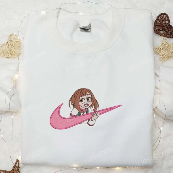 Ochaco Uraraka x Nike Swoosh Embroidered Shirt, My Hero Academia Anime Embroidered Hoodie, Nike Inspired Embroidered Sweatshirt