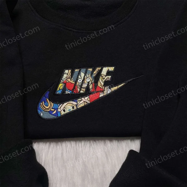 One Piece Luffy x Nike Shirt, One Piece Embroidered Sweatshirt, Anime Nike Embroidered Hoodie