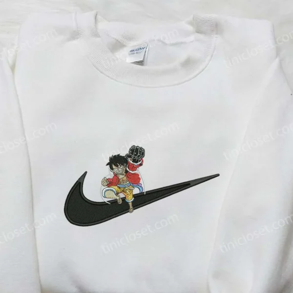 One Piece Monkey D. Luffy x Nike Swoosh Shirt, One Piece Embroidered Shirt, Cool Anime Shirt
