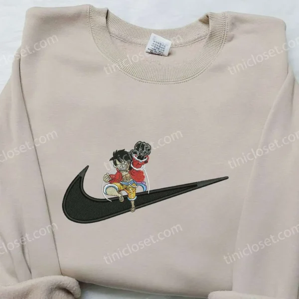 One Piece Monkey D. Luffy x Nike Swoosh Shirt, One Piece Embroidered Shirt, Cool Anime Shirt