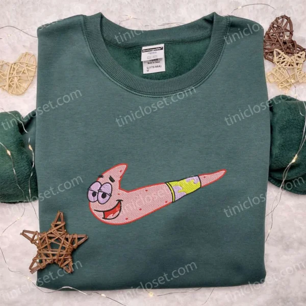 Patrick Star x Nike Swoosh Embroidered Shirt, Spongebob Cartoon Embroidered Hoodie, Nike Inspired Embroidered Sweatshirt