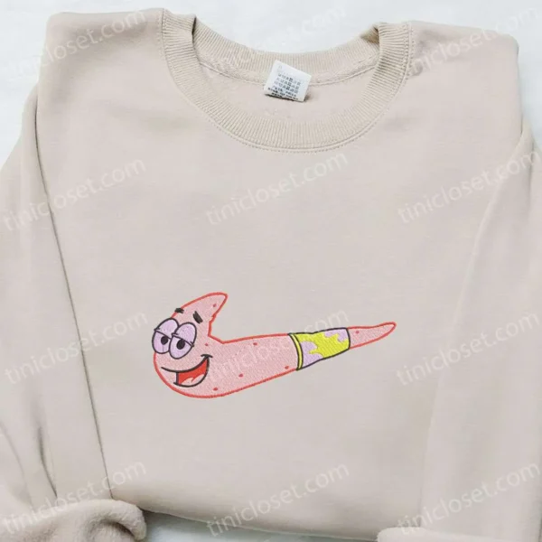 Patrick Star x Nike Swoosh Embroidered Shirt, Spongebob Cartoon Embroidered Hoodie, Nike Inspired Embroidered Sweatshirt