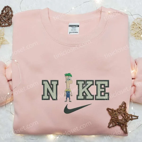 Phineas Flynn x Nike Cartoon Embroidered Shirt, Phineas and Ferb Embroidered Sweatshirt, Custom Embroidered Hoodie