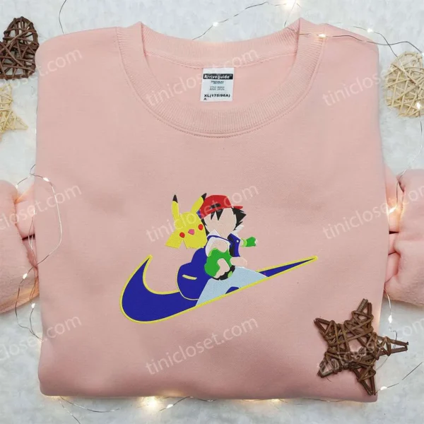 Pikachu and Satoshi x Nike Swoosh Anime Embroidered Hoodie, Pokemon Embroidered Shirt, Nike Inspired Embroidered Shirt