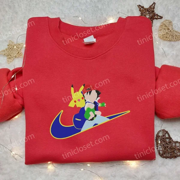 Pikachu and Satoshi x Nike Swoosh Anime Embroidered Hoodie, Pokemon Embroidered Shirt, Nike Inspired Embroidered Shirt