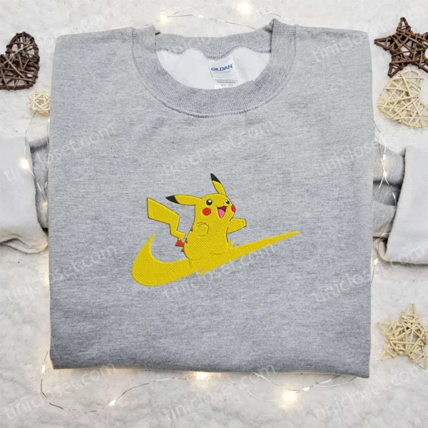 Pikachu Anime x Swoosh Embroidered Hoodie, Cool Anime Clothing, Best Gift Ideas for Family