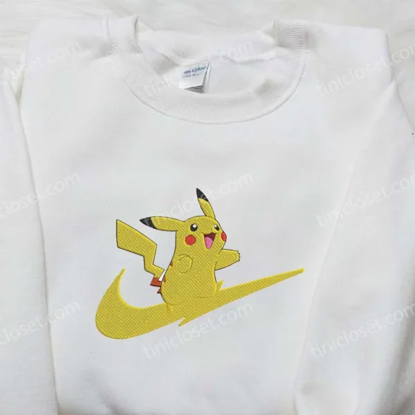 Pikachu x Nike Swoosh Embroidered Sweatshirt, Pokemon Embroidered Sweatshirt, Nike Inspired Embroidered Shirt
