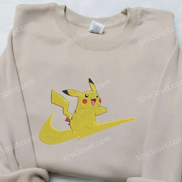 Pikachu x Nike Swoosh Embroidered Sweatshirt, Pokemon Embroidered Sweatshirt, Nike Inspired Embroidered Shirt