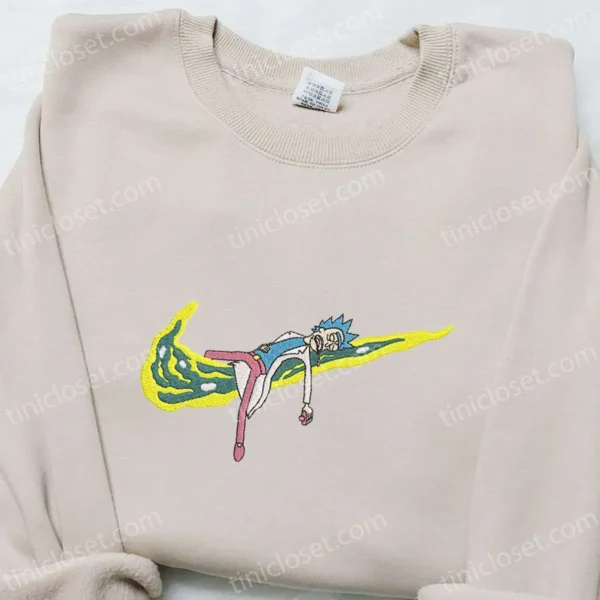 Rick Sanchez x Swoosh Cartoon Embroidered Sweatshirt, Nike Inspired Embroidered Sweatshirt, Custom Embroidered Hoodie