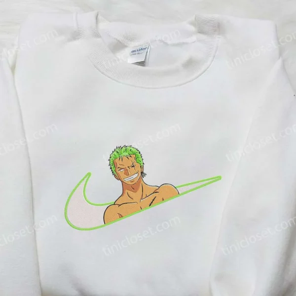 Roronoa Zoro x Nike Swoosh Anime Embroidered Hoodie, One Piece Embroidered Shirt, Nike Inspired Embroidered Shirt