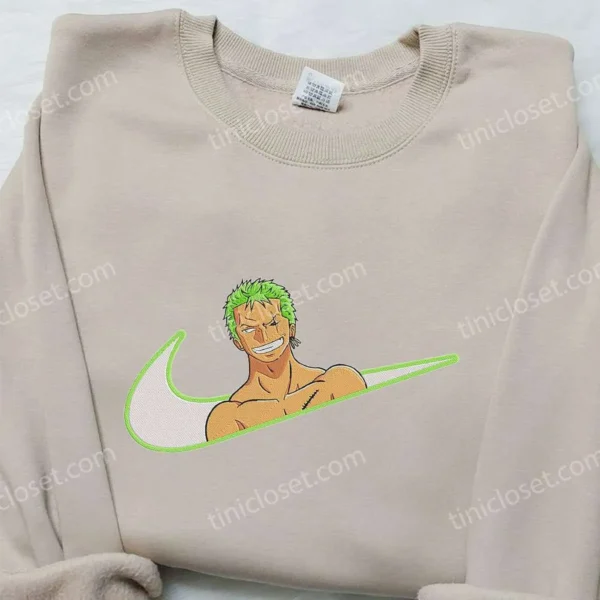 Roronoa Zoro x Nike Swoosh Anime Embroidered Hoodie, One Piece Embroidered Shirt, Nike Inspired Embroidered Shirt