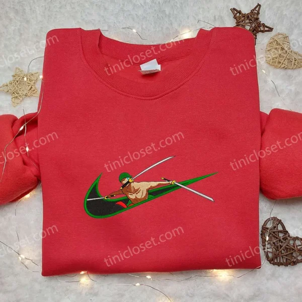 Roronoa Zoro x Nike Swoosh Embroidered Hoodie, One Piece Embroidered Shirt, Nike Inspired Embroidered Shirt