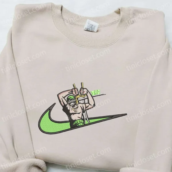 Roronoa Zoro x Swoosh Embroidered Sweatshirt, One Piece Embroidered Shirt, Best Gift for Family